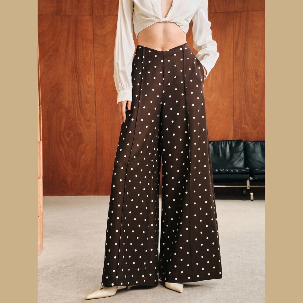Brown Polka Dot Wide Leg Pants with Pressed Pleats